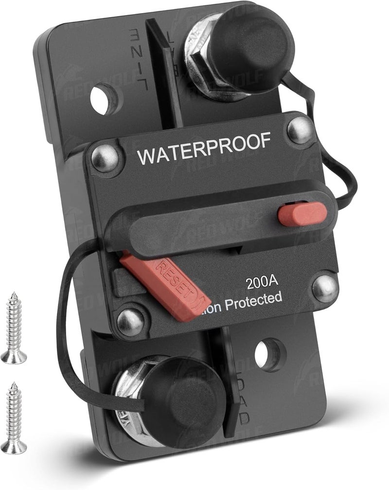 RED WOLF Circuit Breaker 200 Amp for Trolling Motor Boat Marine ATV Vehicles Stereo Audio Electronic Battery System Inline Fuse with Manual Reset Switch 12V-24V - Image 1